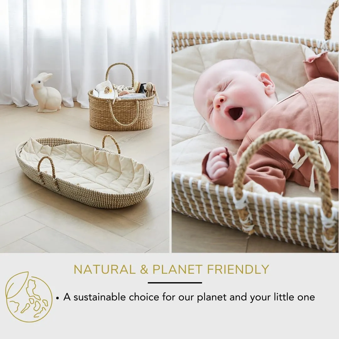 BEBE BASK - Premium Seagrass Baby Changing Basket with Pad - Handmade Baby Moses Basket - Luxury Leaf Liner - Bamboo Jacquard Cover - Vegan Baby Changing Mat - Baby Changing Pad - 30 x 16 x 4 inches