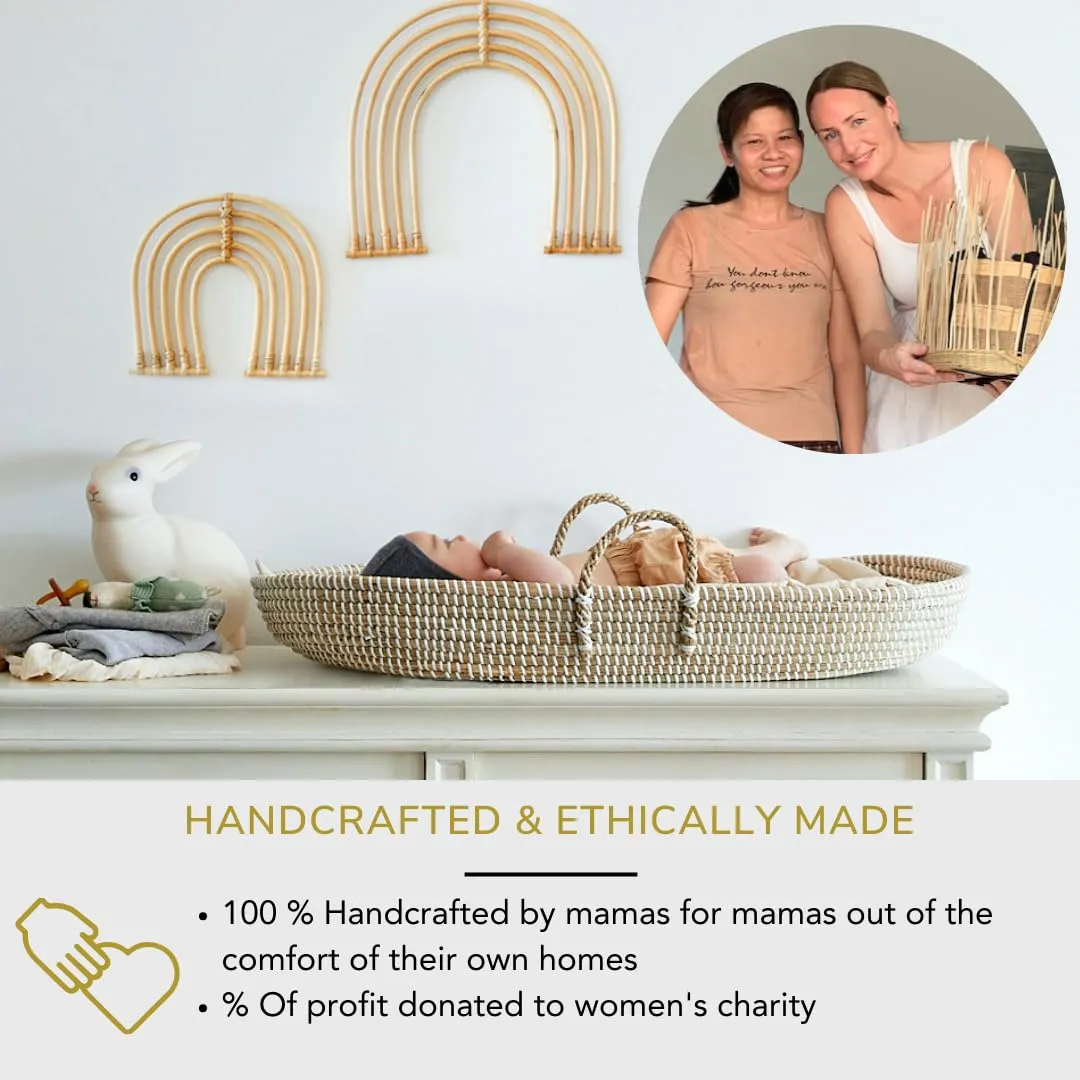 BEBE BASK - Premium Seagrass Baby Changing Basket with Pad - Handmade Baby Moses Basket - Luxury Leaf Liner - Bamboo Jacquard Cover - Vegan Baby Changing Mat - Baby Changing Pad - 30 x 16 x 4 inches