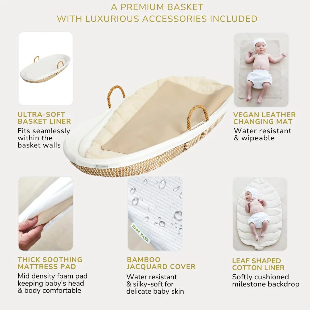 BEBE BASK - Premium Seagrass Baby Changing Basket with Pad - Handmade Baby Moses Basket - Luxury Leaf Liner - Bamboo Jacquard Cover - Vegan Baby Changing Mat - Baby Changing Pad - 30 x 16 x 4 inches