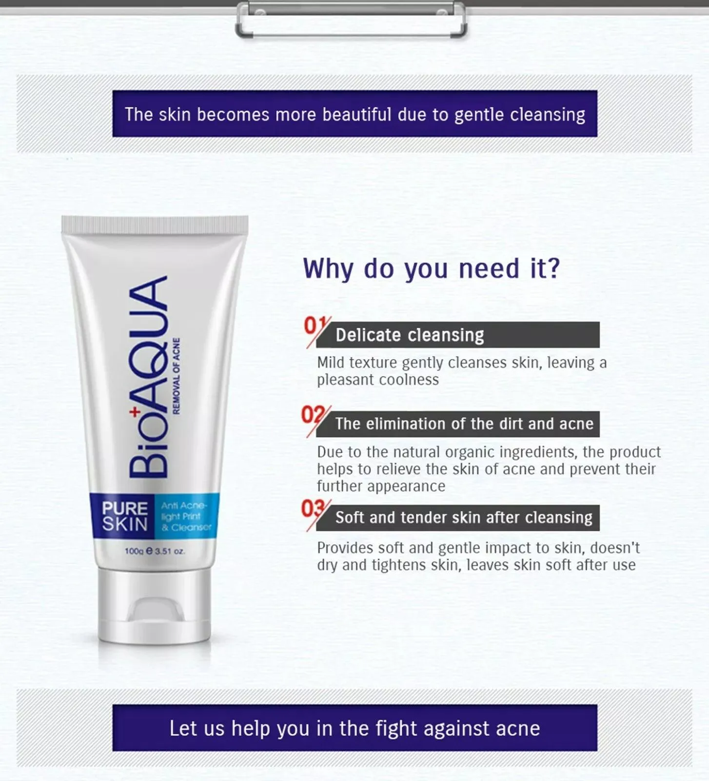 BIOAQUA Skin Care Acne Face Removal Cleanser Cream Spots Scar Blemish Mark 100g